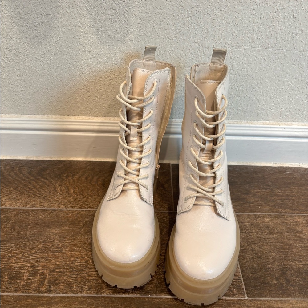 New York & Company Cream Lace-Up Platform Combat Boots